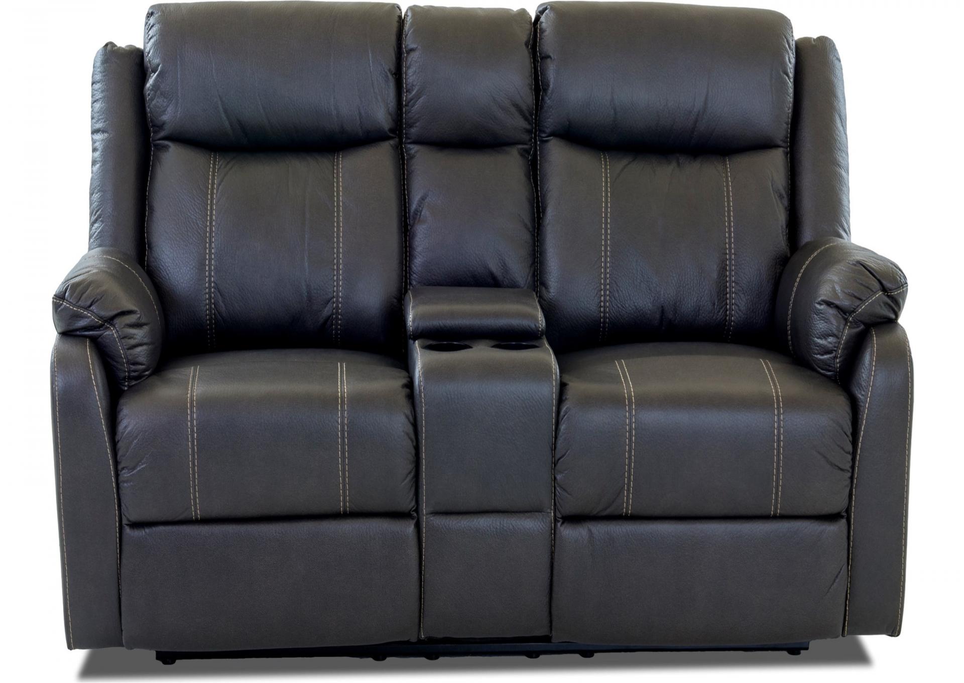 Domino Gray Dual Reclining Sofa with drop down tray and Dual reclining Loveseat